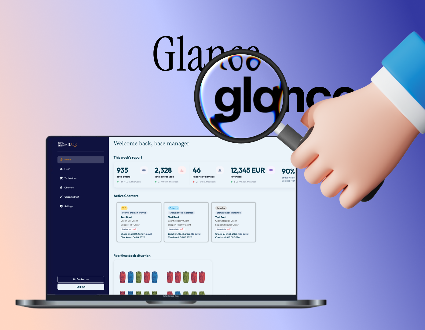 SailQR base manager dashboard showing realtime fleet overview