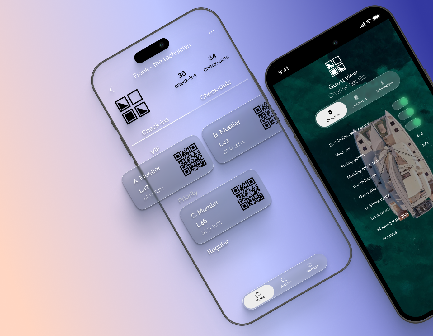 SailQR mobile app showing realtime check-ins and check-outs