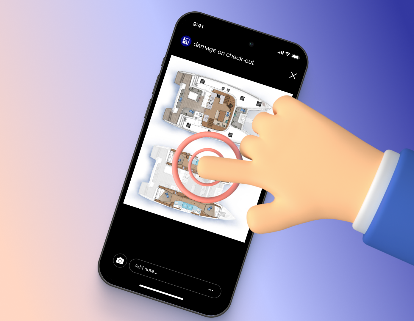 SailQR damage reporting screen with interactive boat floorplan